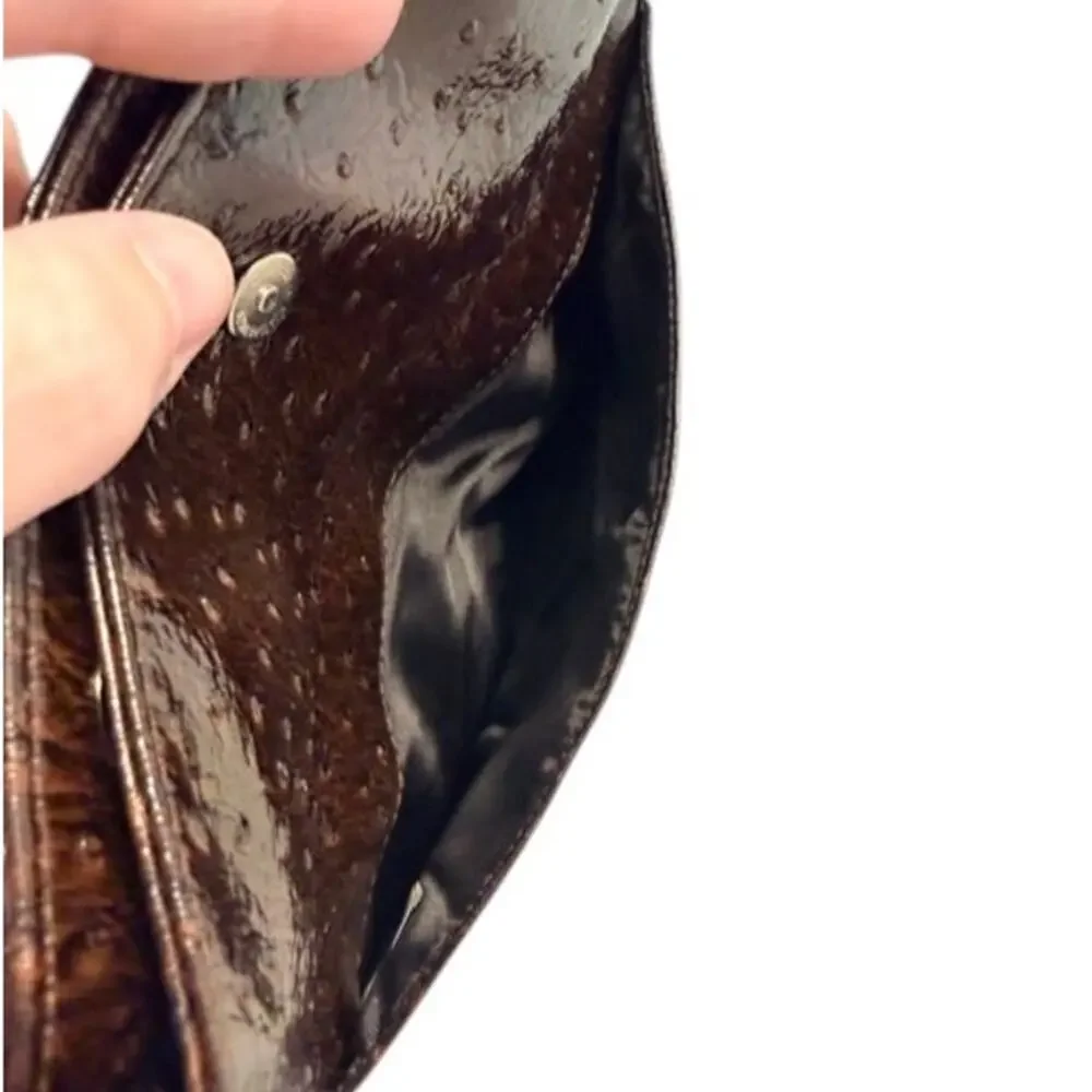 Nordstrom Brown Ostrich Embossed Faux Leather Foldover Clutch Bag Handbag EUC